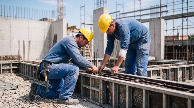 Construction workers in hard hats and safety vests meticulously assembling rebar framework on a building site, showcasing teamwork and industry