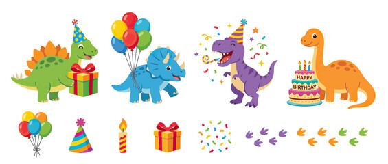 Fototapeta premium Cute Dinosaur Birthday Party Elements Isolated