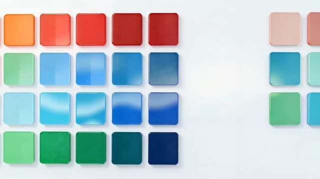 Color swatch tiles transitioning through red, orange, blue, green gradients on white background