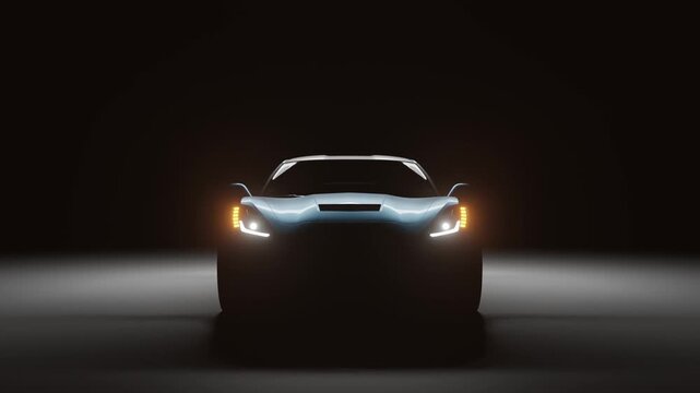 Modern luxury sports car silhouette illuminated by front headlights in the dark vehicle automobile driving