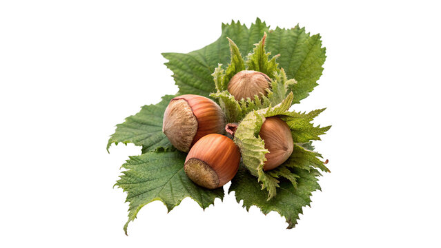 Bunch of fresh raw hazelnuts with green leaves isolated on transparent background