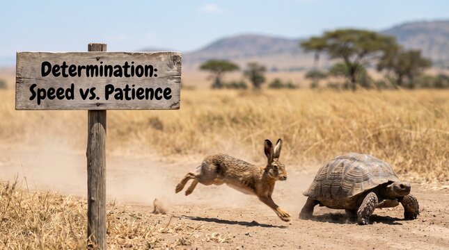 Energetic brown hare racing against a determined slow tortoise on a dusty trail past a weathered wooden signpost illustration art