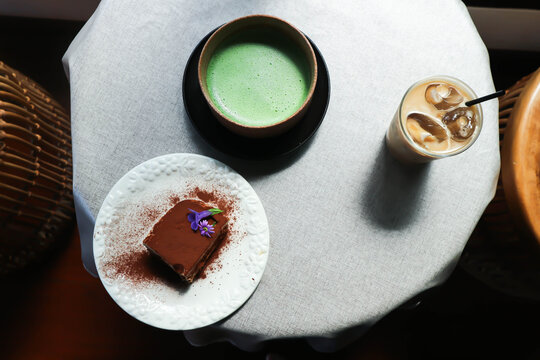 tiramisu or cake or cocoa cake or coffee cake , matcha green tea latte and iced coffee
