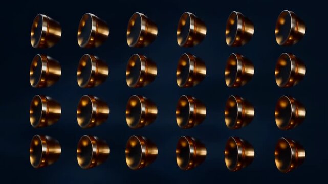 Golden oval discs arranged in grid, rotating to reveal metallic interior against dark background