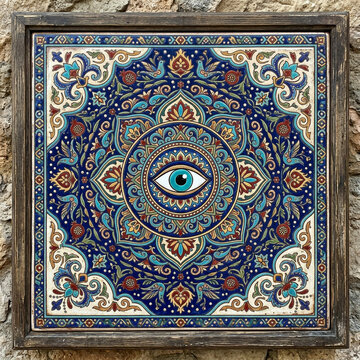 Framed decorative ceramic tile featuring a central evil eye mandala and intricate floral patterns