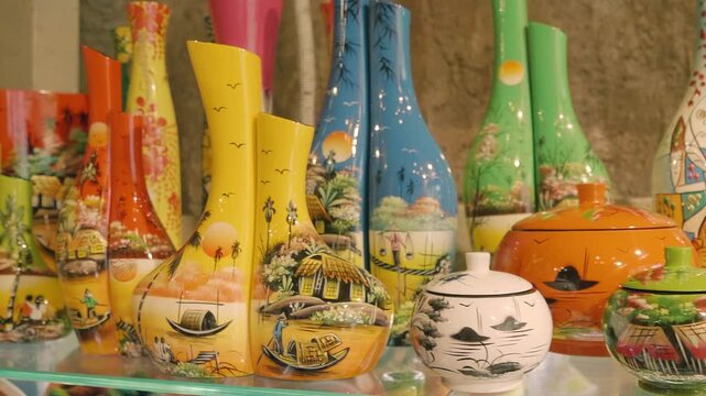 Traditional handmade Vietnamese lacquerware vases and jar caskets, often recognized for their glossy finish and intricate Asian design motifs including scenes of daily life, such as villages, boats