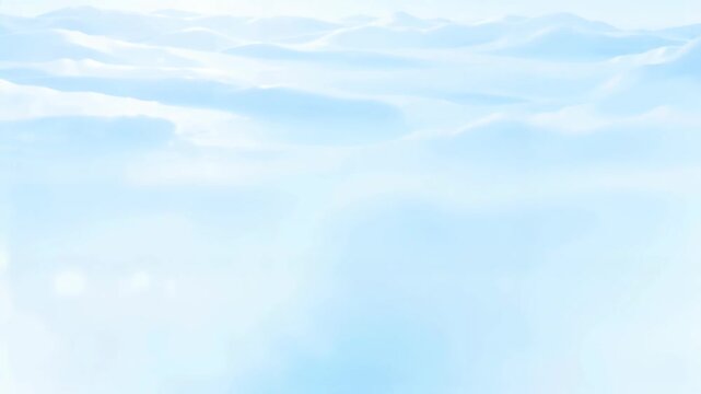 Aerial view of soft blue and white clouds drifting above a sea of mist with distant mountain silhouettes under bright sky