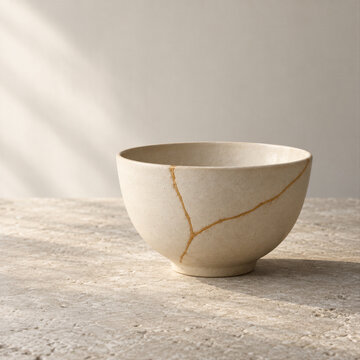 A ceramic bowl with gold seams rests on a textured surface. Its repaired cracks form a branching pattern across the side. Mental health, resilience and emotional recovery in kintsugi craft