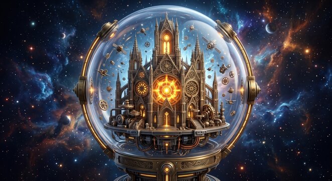 Futuristic cathedral 3D illustration inside a glass globe in deep space with glowing stars and nebulae