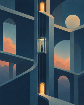 A solitary figure stands in a glass elevator among angular structures. Tall arched openings divide the geometric skyline. Depression and isolation in conceptual illustration