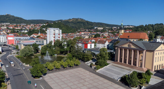 aerial view of the town of suhl, in Thuringia, Germany with Kulturhaus at Platz der Deutschen Einheit 