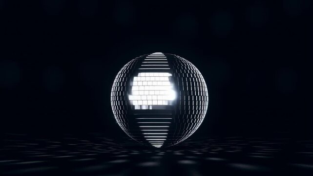 Rotating digital sphere composed of pixel blocks with shifting illuminated light patterns on a dark background. Animated scene combines sphere and pixelated blocks with glowing light.