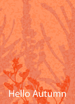 Hello Autumn greeting card, vertical flyer, poster, template with floral silhouettes .