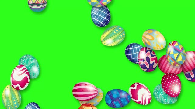 Colorful Patterned Easter Eggs Bursting and Falling on Green Screen