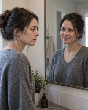 A woman looks at her reflection in a bathroom mirror. Her face appears twice, in side profile and from the front. Self image, identity and personal reflection in everyday life