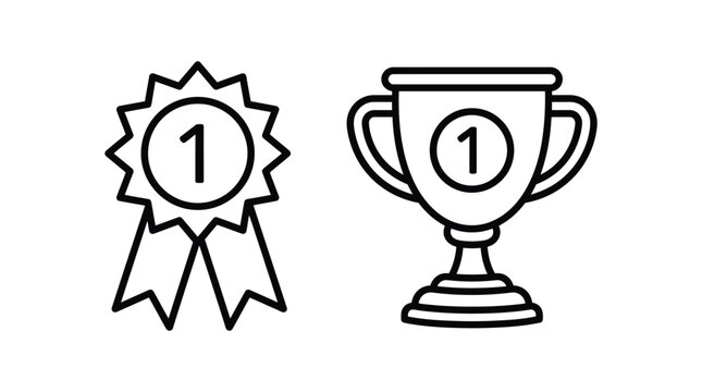 First place award badge and golden trophy cup icon vector illustration in clean flat design