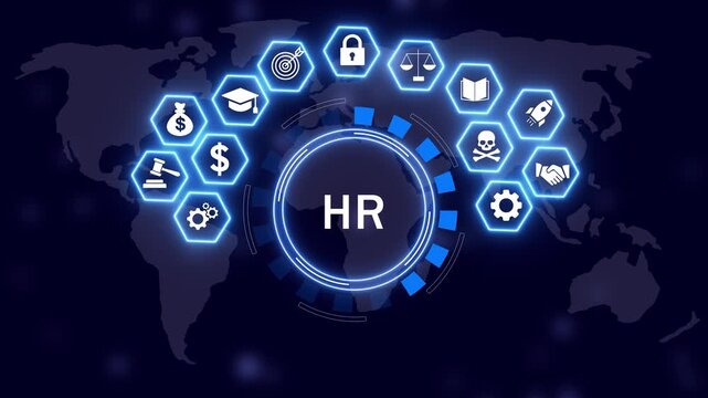 Dynamic human resources management concept featuring glowing digital interface global business strategy infographics, corporate recruitment technology, and personnel development solutions