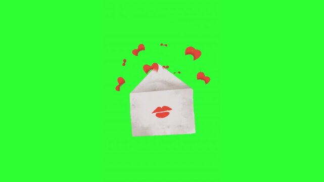 Romantic love letter envelope animation with red lips and floating heart shapes on a bright green screen background 