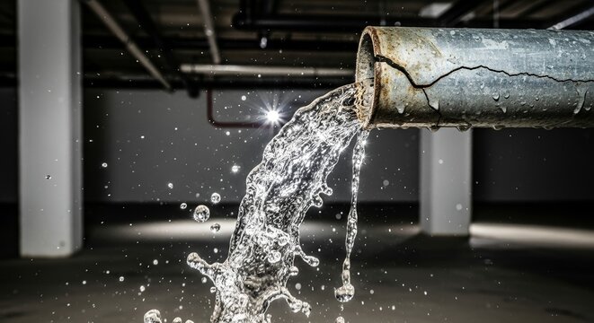 Water leaking from broken pipe in basement causing flooding with splashes in dark space. Basement flooding situation emphasizes urgent need for plumbing repairs and maintenance procedures.