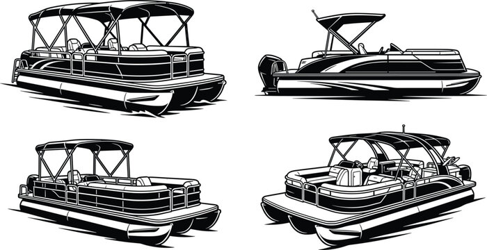 Pontoon boat vector illustration silhouette set showing different pleasure craft models isolated on white background