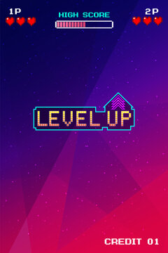 Level up! 8-bit pixel art, sci-fi retro futuristic background, vintage arcade computer game, vertical background.