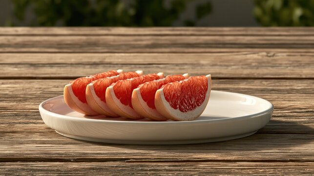 Fresh grapefruit slices arranged on a white ceramic plate on a rustic wood table