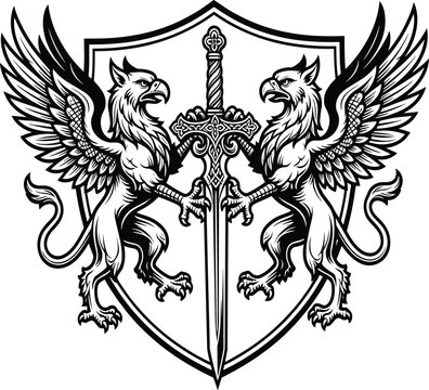 Medieval heraldic coat of arms emblem with two griffins holding sharp sword over a metallic shield