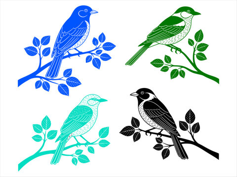 Colorful birds perched on branches illustration