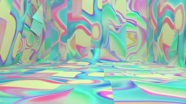 Abstract room with pastel-colored distorted walls and floor patterns shifting and flowing. Animated backdrop combines color distortion with visible depth.
