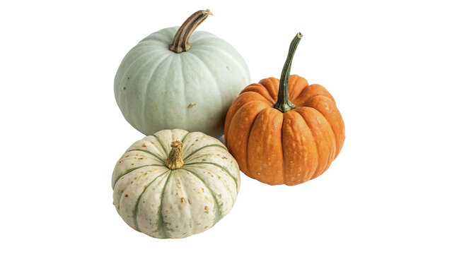 Group of fresh organic pumpkins squash crops isolated on transparent background