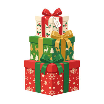 illustration features a vertical stack of three festive Christmas gift boxes adorned with ribbons and seasonal patterns, creating a perfect graphic for holiday marketing and greeting card designs.
