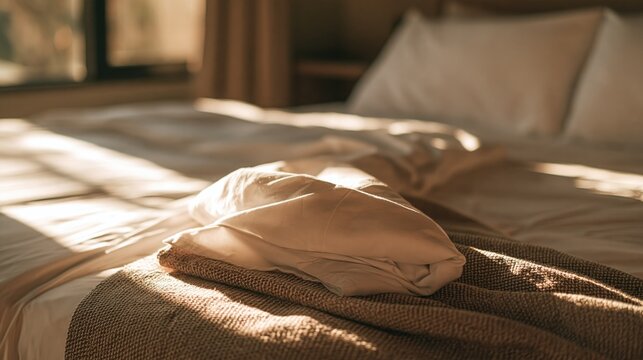 Unmade bed with white linens and a brown textured throw blanket in morning light