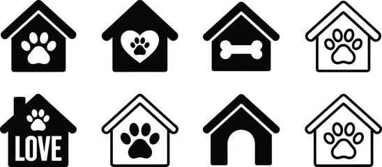 Naklejka na ściany i meble Set of eight black and white pet house featuring paw prints, bones, and heart shapes, representing animal shelters, dog kennels, and pet care