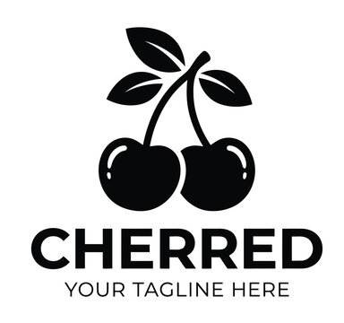 Minimalist cherry logo design, black and white fruit icon with leaves, modern organic food branding vector, professional cherry symbol