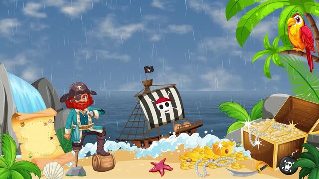 Cartoon Pirate Island Scene with Rainy Weather and Treasure Animation
