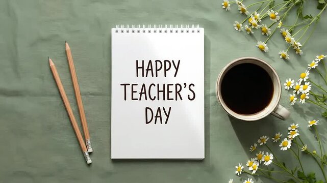 Flat lay view of Happy Teacher's Day message on a notebook with coffee, pencils, and fresh chamomile flowers on a green fabric background
