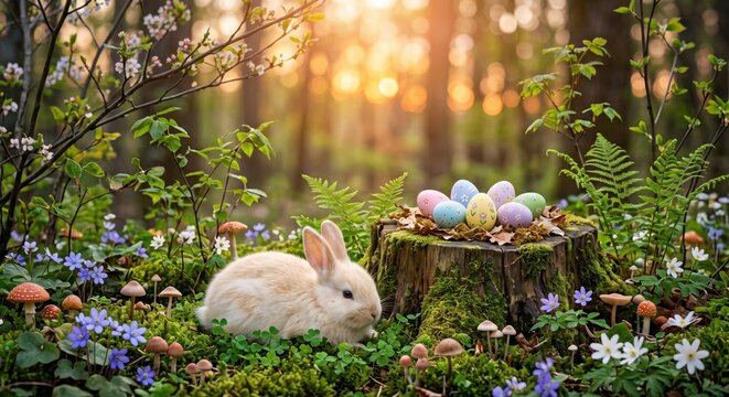 Easter bunny photo with colorful decorated eggs on a tree stump in a forest spring landscape