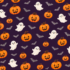ハロウィンのかぼちゃとおばけとコウモリのシームレスパターン © SHIKI－紫季