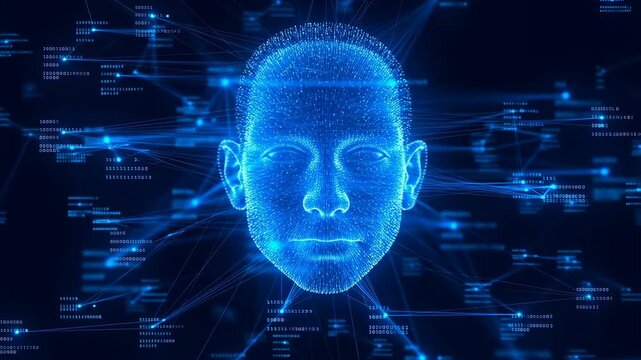 Glowing blue 3D wireframe human face with pulsing data nodes and flowing connecting lines. Futuristic backdrop inspired by digital identity and data visualization.