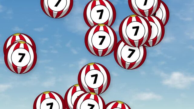 Animated Red and White Striped Number Seven Balls Bursting Over Sky