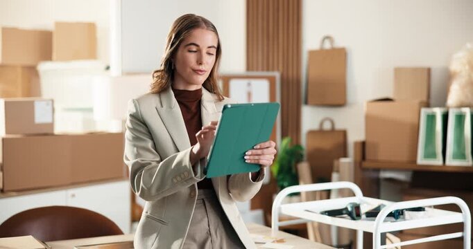 Woman, tablet or smile in small business for logistics, distribution schedule or stock management. Entrepreneur, tech or happy in office for website update, email feedback or typing for customer help