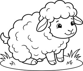 Obraz premium Cute Fluffy Sheep Standing In Farm Field Outline Coloring Page