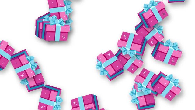 Bursting Pink Gift Boxes with Blue Ribbons Falling on White Background