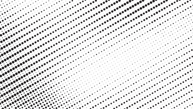 Black and white halftone dot pattern with flowing diagonal waves and gradient density, creating a modern abstract background for posters, branding, print, technology and design.