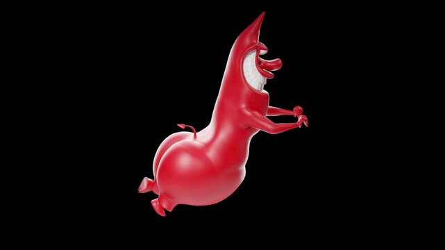 Cartoon Red Devil Character Pushing Something Heavy Right Side View. Seamless loop, 4K alpha channel background.