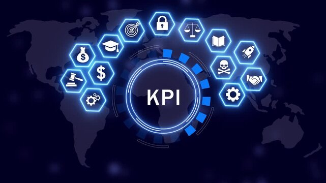 Dynamic digital kpi dashboard featuring glowing hexagonal business global strategy analytics, performance metrics, corporate growth concepts, and futuristic data visualization for presentations