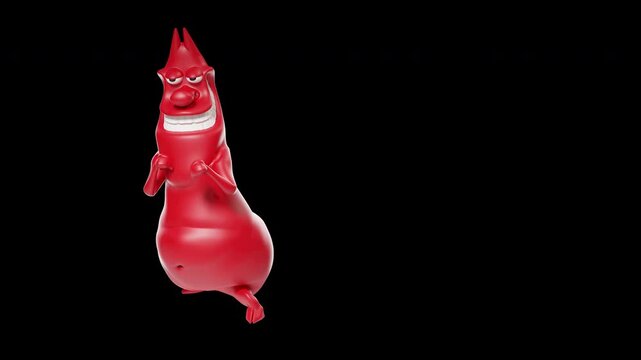 Cartoon Red Devil Character Executing MMA Front Kick Seamless Loop. Front view, seamless loop, 4K resolution with alpha channel transparent background.