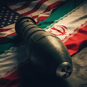 Nuclear Bomb on US and Iran Flags &ndash; Geopolitical Tension and Conflict Concept