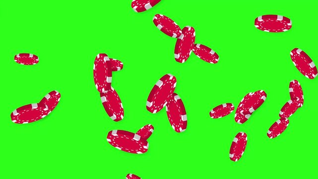 Red Poker Chips Falling and Bouncing on Green Screen Background