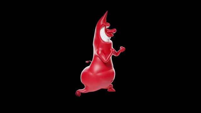 Cartoon Red Devil Character Executing MMA Kick Right Side View Loop.  3D animated cartoon red devil with a mischievous grinning expression performs a powerful martial arts front kick. Side profile 